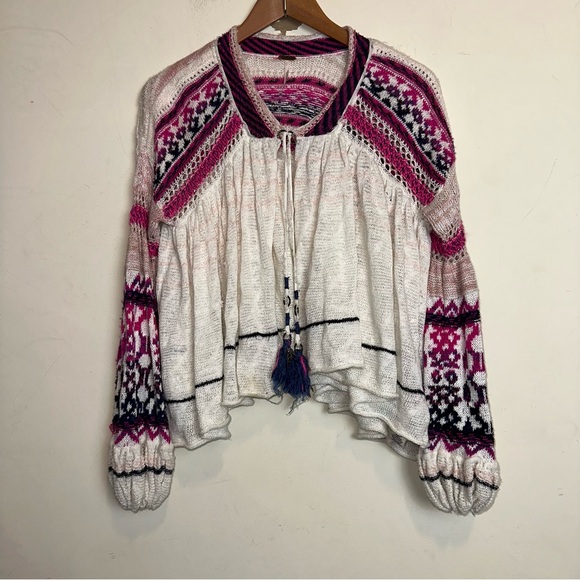 FREE PEOPLE Dreamland XS Knit Cardigan Sweater Bell Sleeve Cropped Linen Blend - Picture 2 of 12